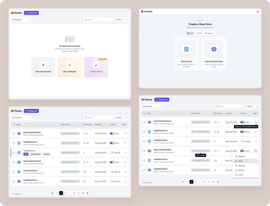 FormGent create form options, form types, and forms table screens